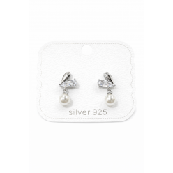 Gümüş İğneli Zirkon Taşlı Kalpli İncili Küpe