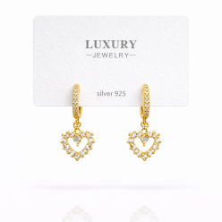 Sallantılı Zirkon Taşlı Gümüş İğneli Kalpli Küpe